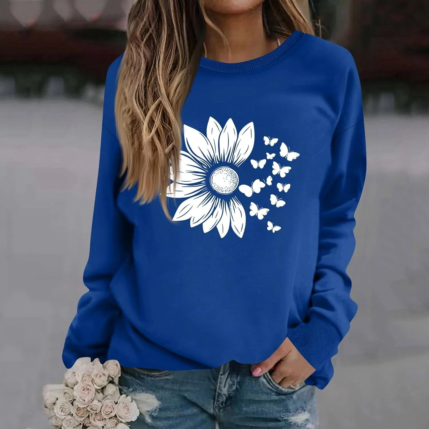 Женский свитшот с цветочным принтом, свободный крой, длинный рукав, 2-dark Blue — фото 3