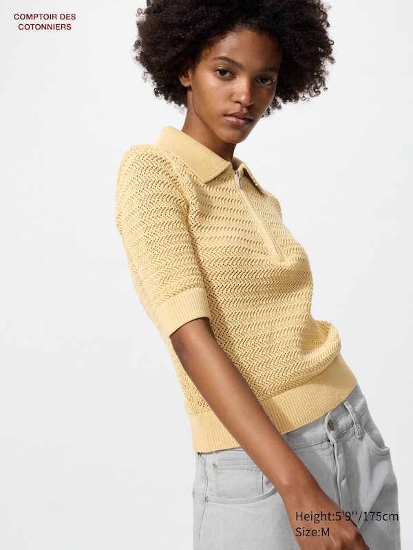 

Хлопковый джемпер-поло с короткими рукавами и открытой молнией Uniqlo, желтый