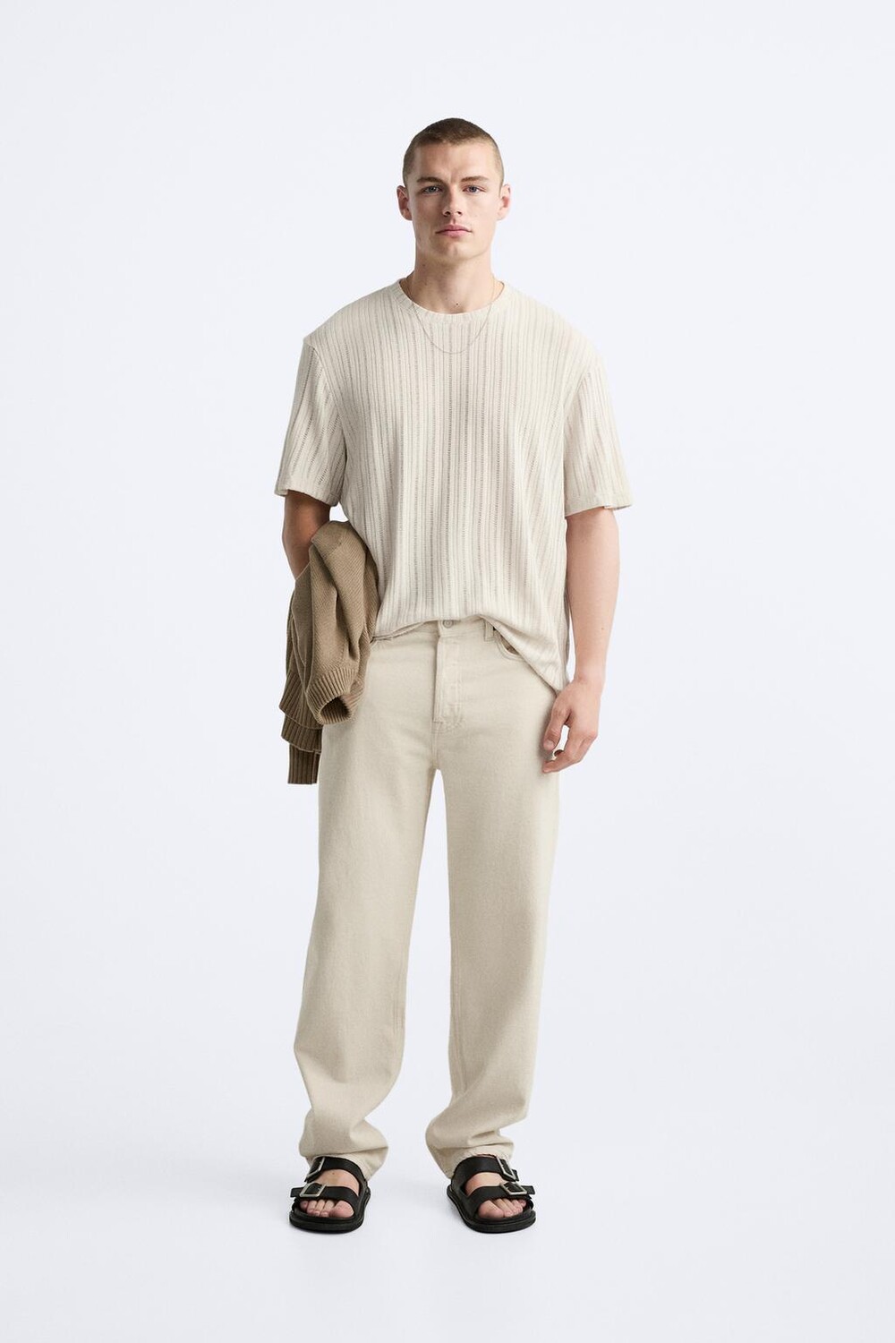 

Ажурная рубчатая футболка ZARA, экрю