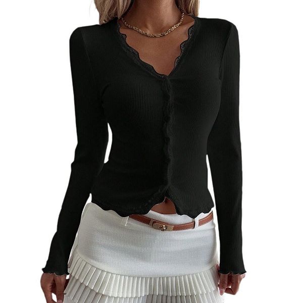 

Женский легкий кардиган с v-образным вырезом, длинными рукавами и кружевной отделкой Boddysize, Black