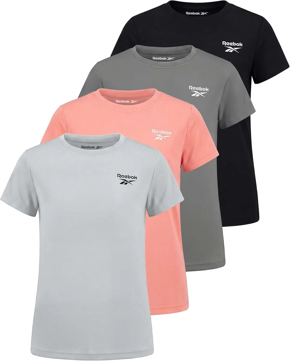 Футболки спортивные для девочек, Reebok, набор 4 шт, Solid Black, Solid Quiet Shade, Solid Peach Bud, Solid Barely Blue