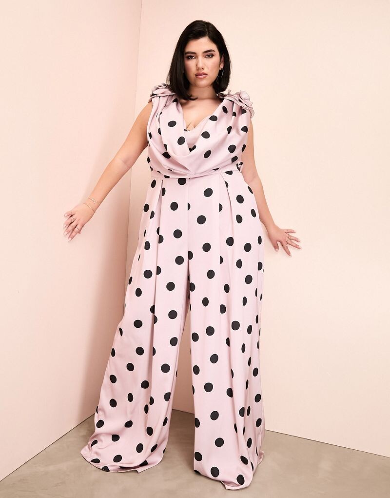 

Атласный комбинезон с глубоким вырезом и широкими штанинами ASOS LUXE Curve Curve