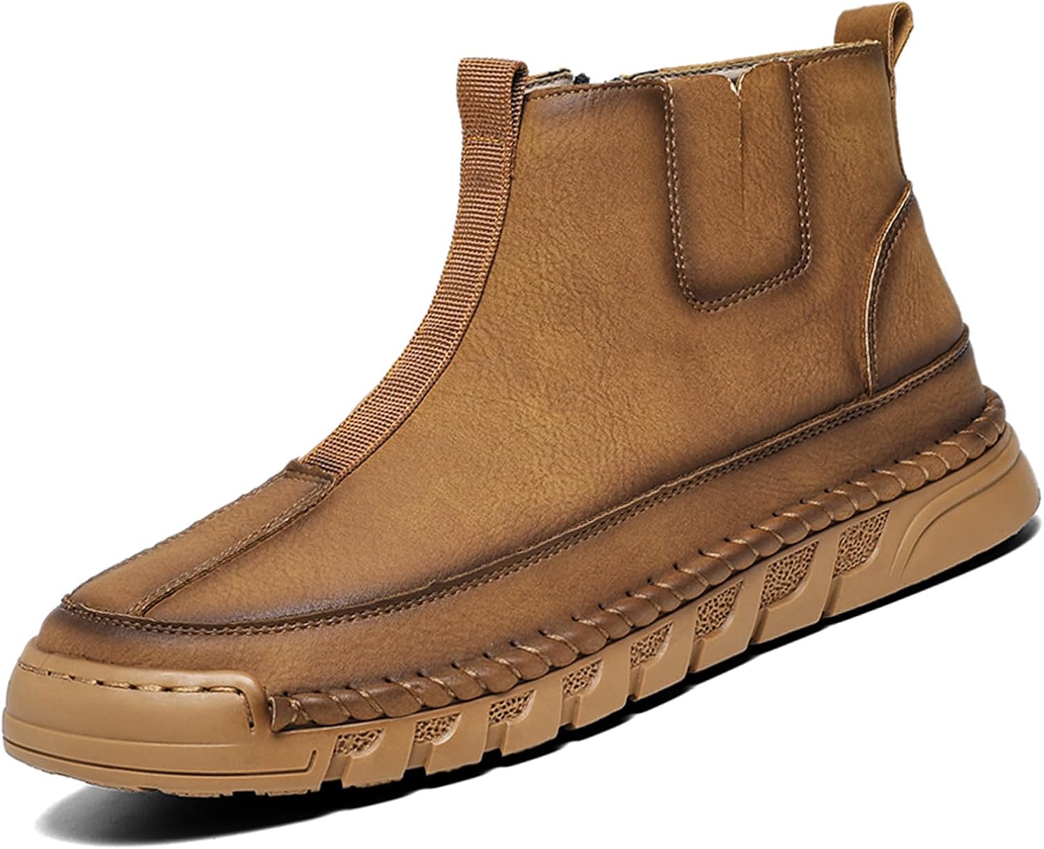 

Мужские кожаные ботинки Lossarye Chelsea на платформе с боковой молнией, повседневные с закругленным носком, ручная строчка, нескользящие ботинки-чукка до щиколотки, высокие деловые ботинки, коричневый