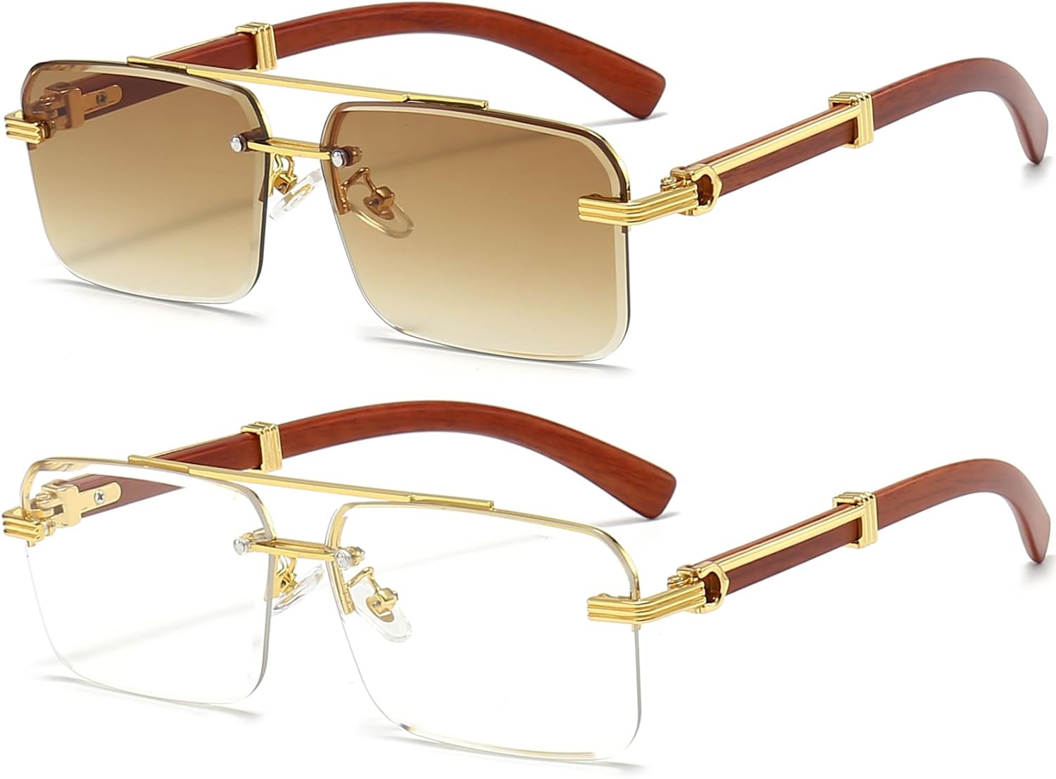 

Солнцезащитные очки PORADAY без оправы для мужчин и женщин, винтажные прямоугольные солнцезащитные очки, модные безрамочные квадратные тонированные очки, Two Pack(gradient Brown+clear)