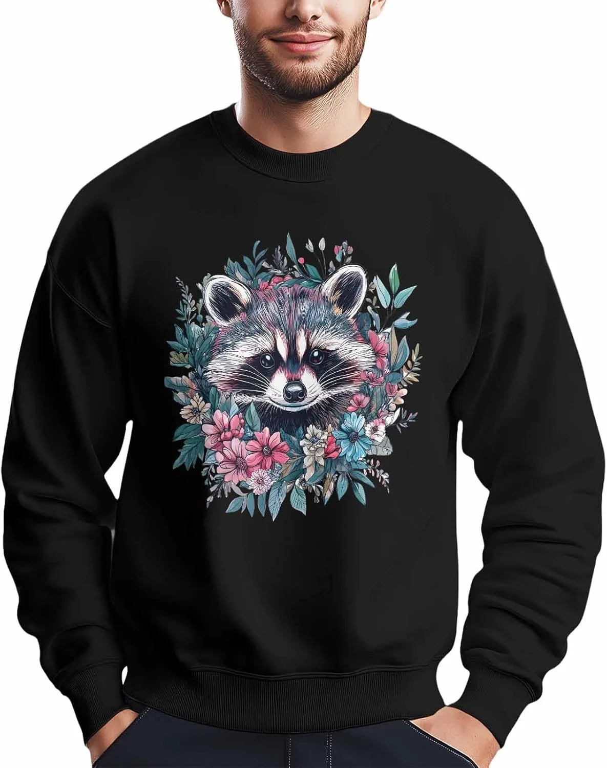 

Мужской свитшот с принтом енота и цветов, Crewneck, длинный рукав Winvebermior