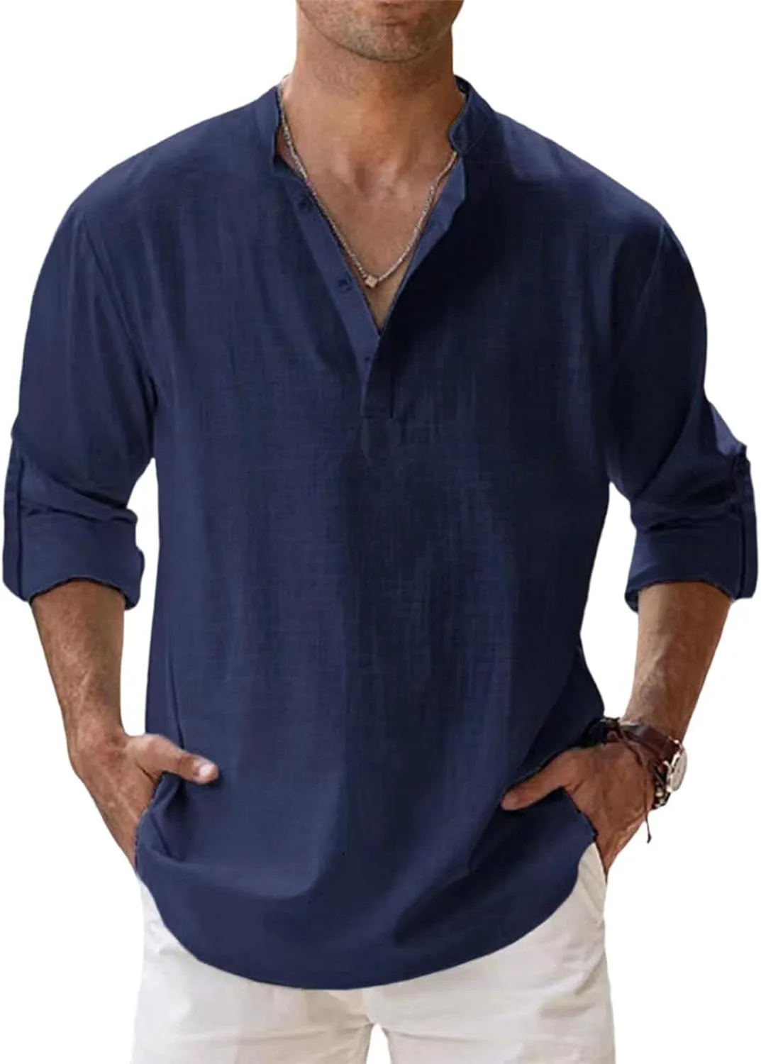 

Мужская хлопковая льняная рубашка-поло с длинным рукавом