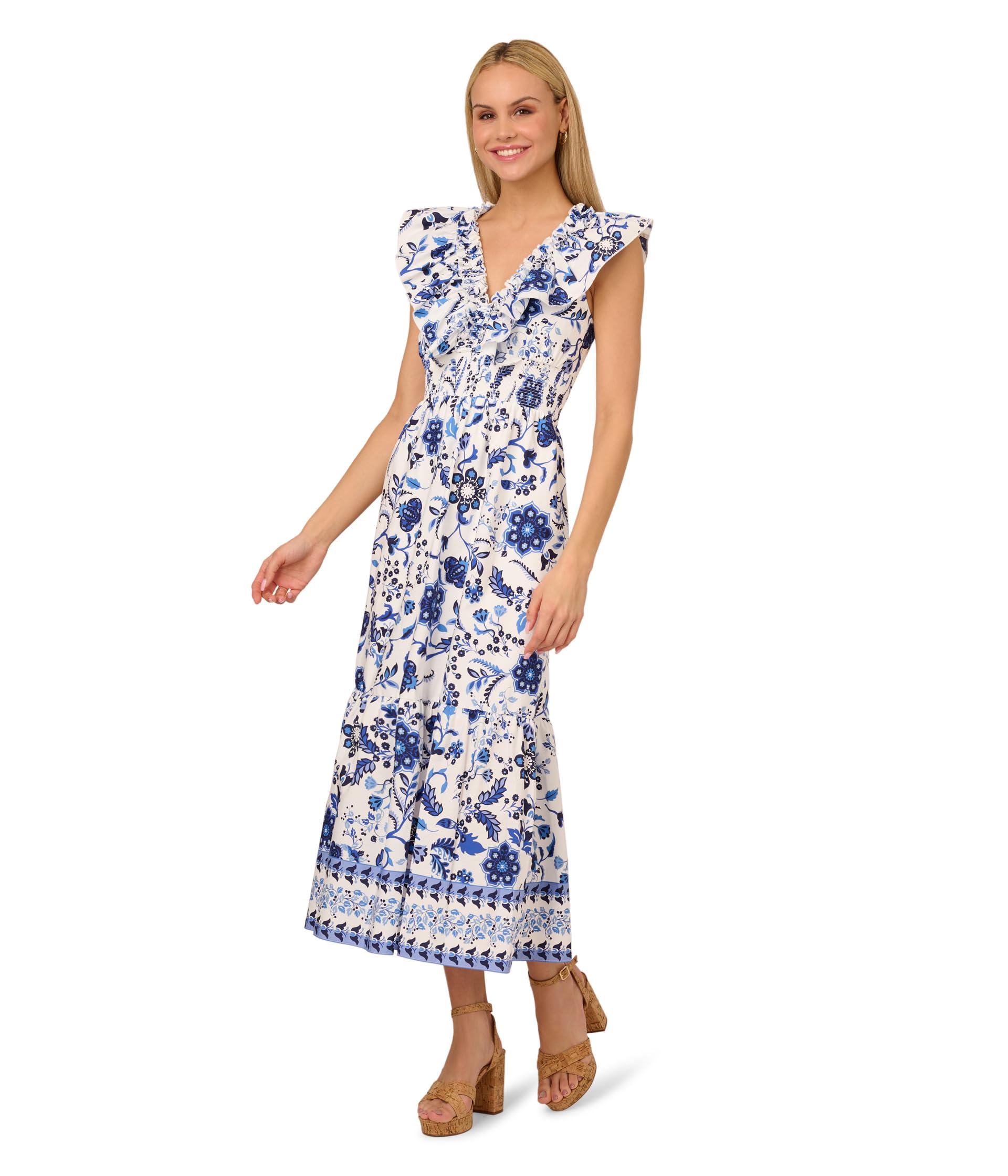 

Платье Adrianna Papell Printed Ruffle Midi Dress, цвет White/Blue Multi