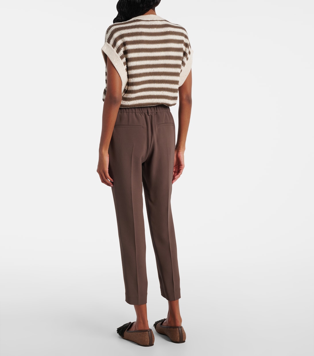 Облегающие укороченные брюки из крепа Brunello Cucinelli, Dark Chocolate — фото 3