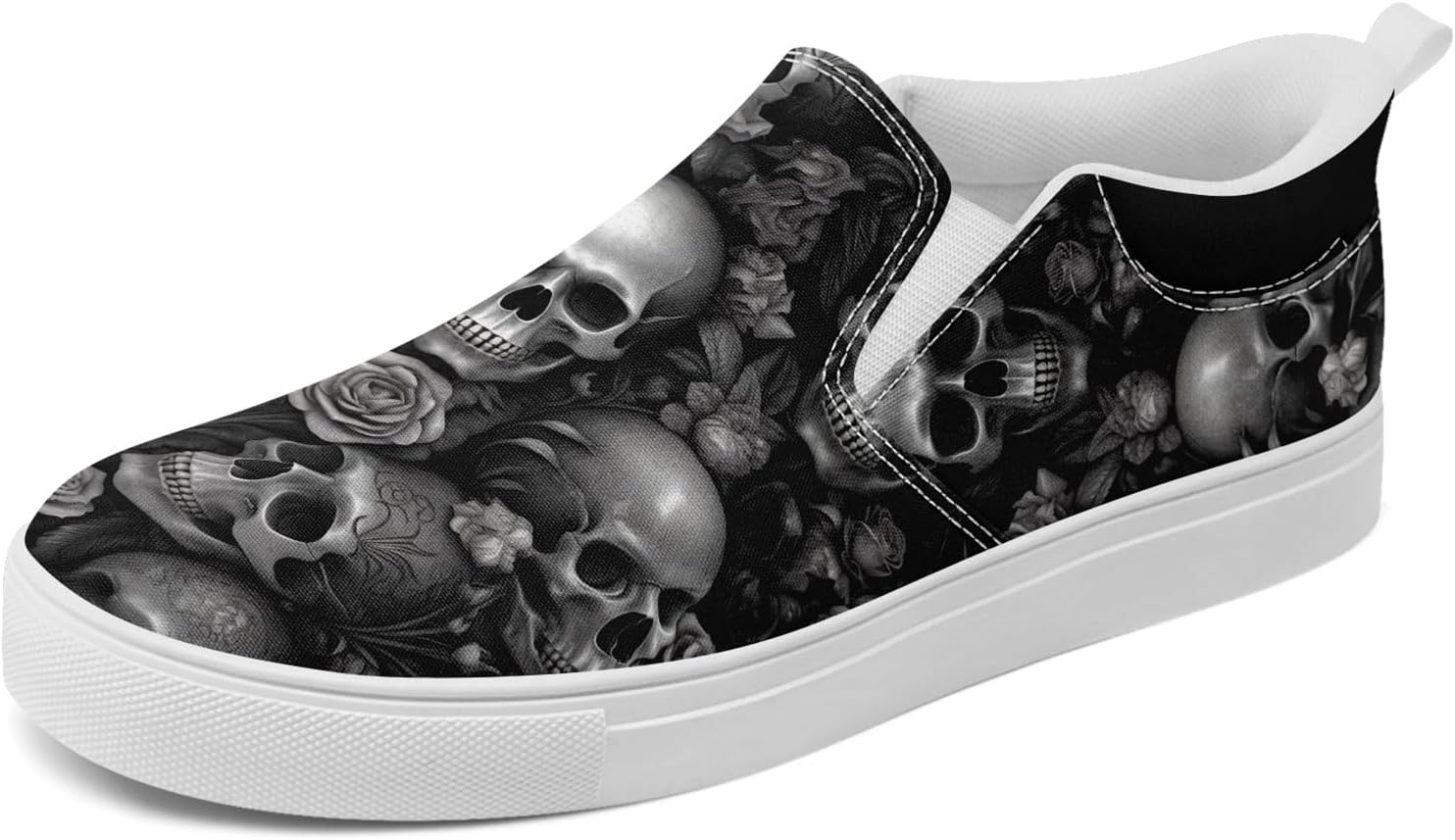 

Крутые настраиваемые низкие кеды из канвы в готическом стиле для мужчин и женщин с черепами и цветочным принтом, слипоны, легкие и удобные, уличная обувь Coolcustomize, белый/черный/серый