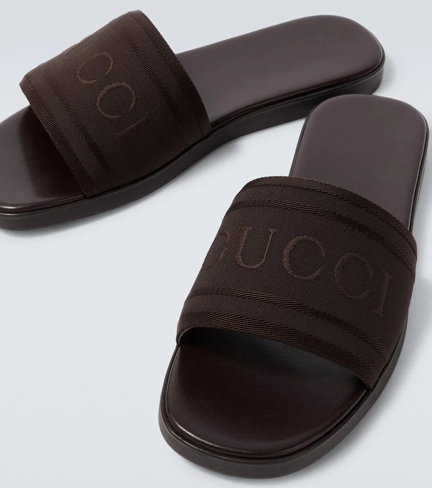 Шлепанцы с логотипом из парусины и кожи Gucci, коричневый — фото 3