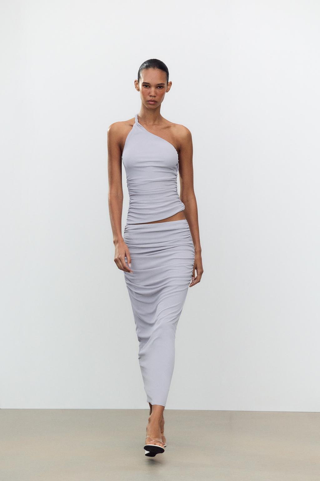 

Длинная юбка со сборчатыми деталями ZARA, цвет Blue/Grey