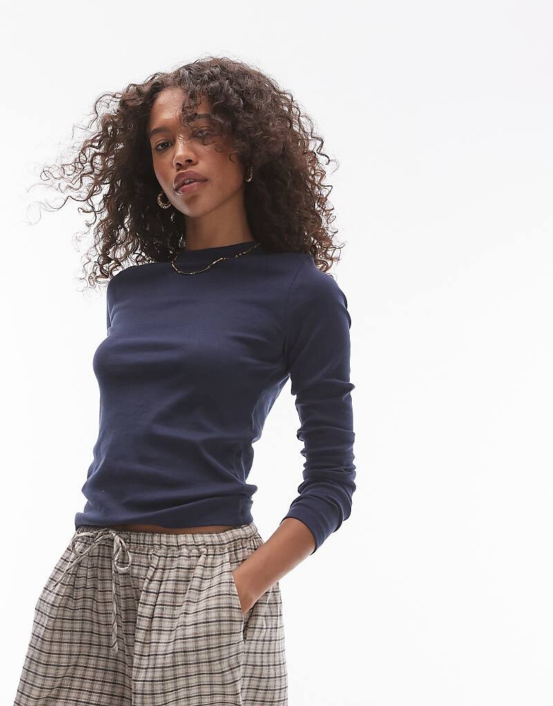 

Topshop – темно-синий приталенный топ с длинными рукавами
