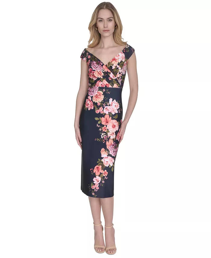 

Женское цветочное миди-платье с открытыми плечами Eliza J, синий