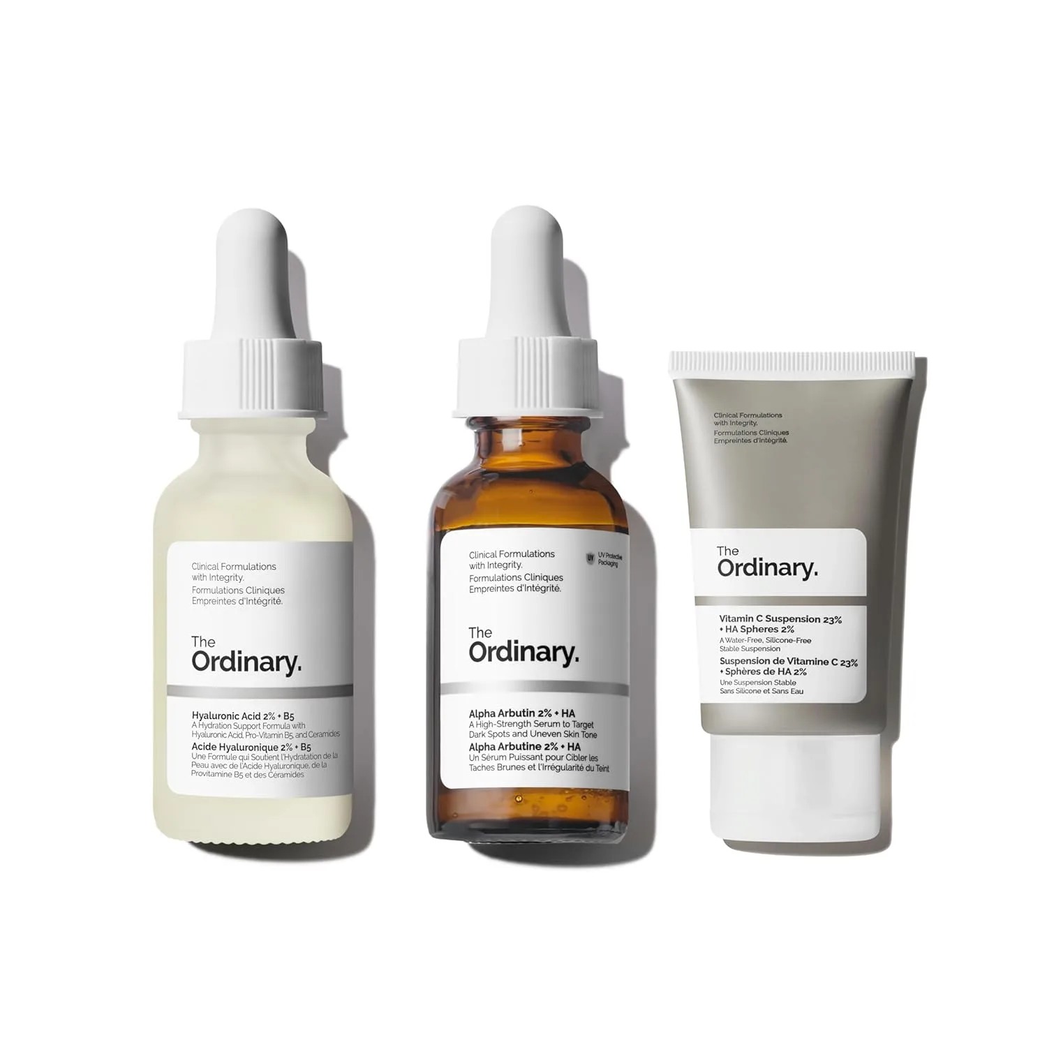 The Ordinary Dark Spot Collection - набор для ухода за кожей: Vitamin C Suspension 23% + HA Spheres 2% 30 мл, Alpha Arbutin 2% + HA 30 мл, Hyaluronic Acid 2% + B5 30 мл