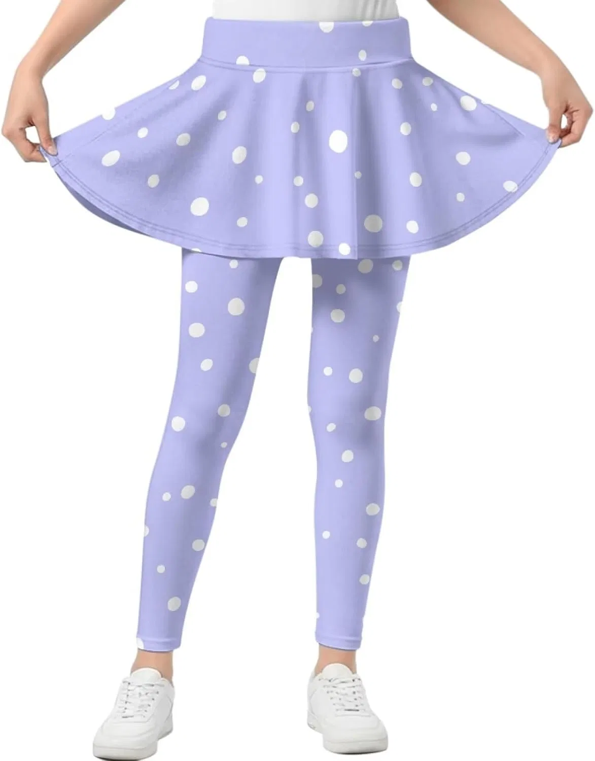 Леггинсы с юбкой для девочек Hresuewn, 2-в-1, White Polka Dot-lavender