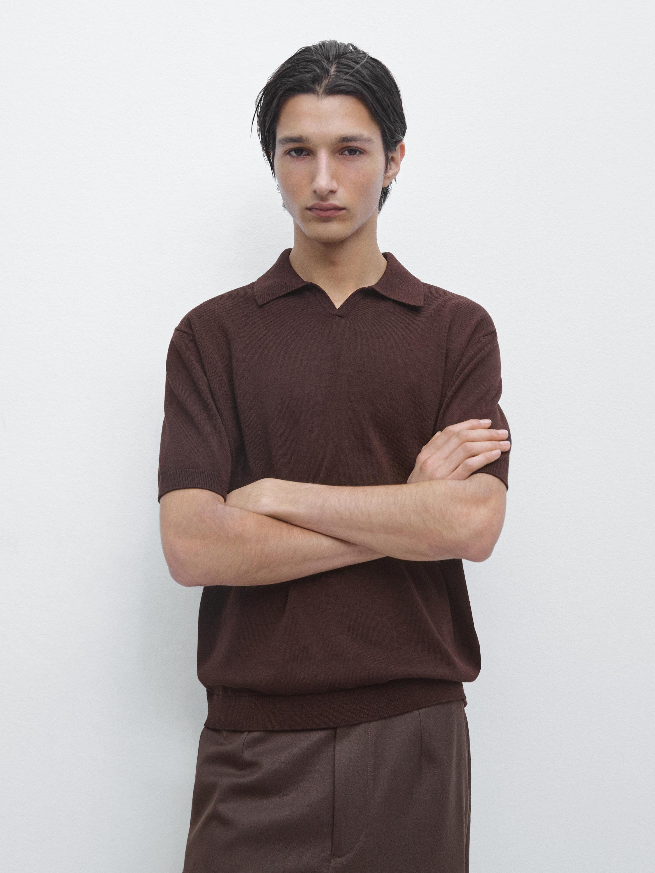 Вязаный свитер-поло из хлопковой смеси Massimo Dutti, burgundy — фото 3