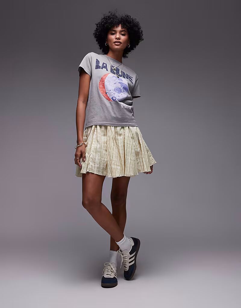 

Мини-юбка Topshop из хлопка с юбкой-годе в желтую и зеленую полоску