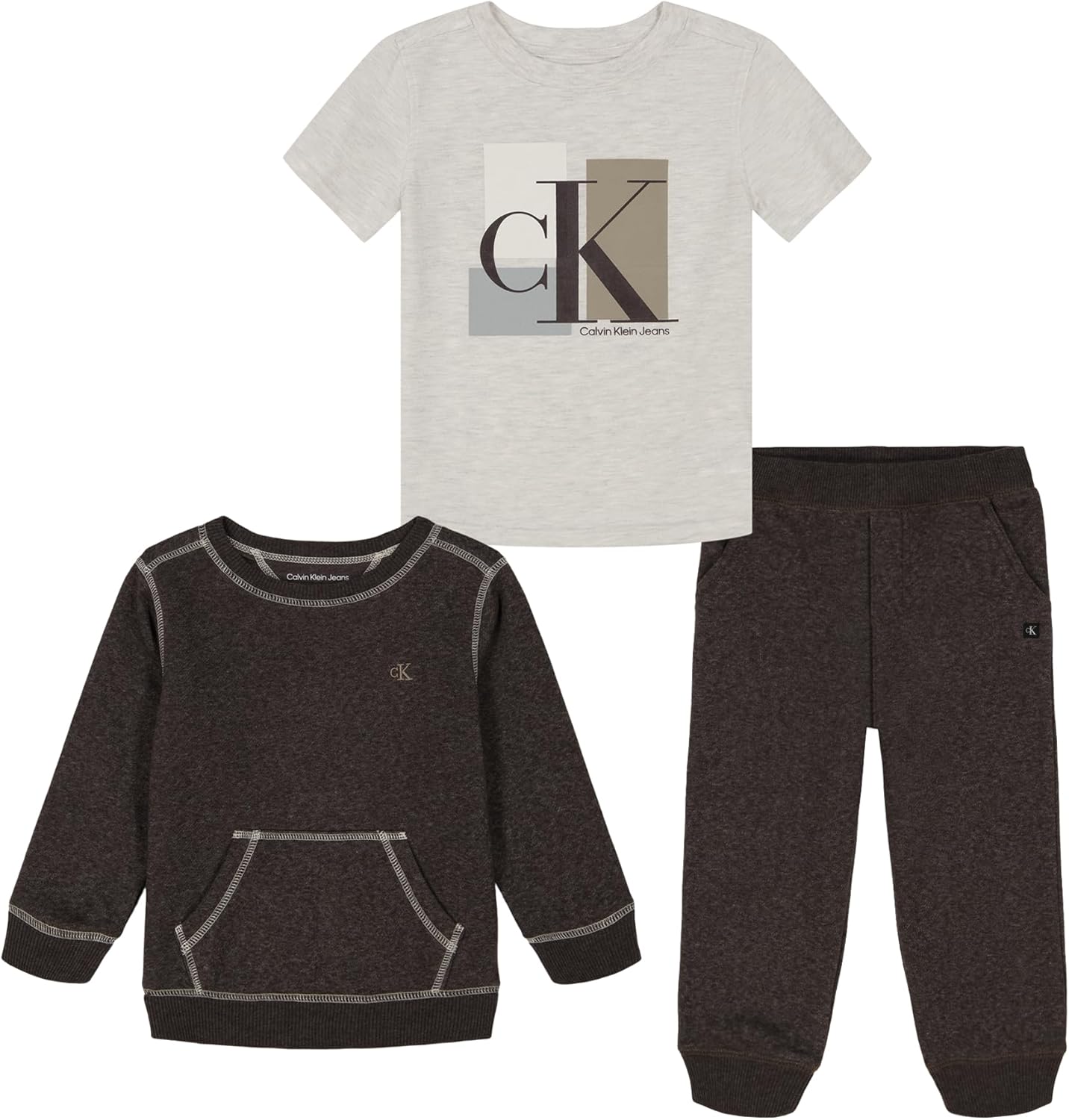 Комплект Calvin Klein для мальчиков из 3 предметов: флисовый трикотаж, футболка, брюки, Brown Heather/Farina Heather