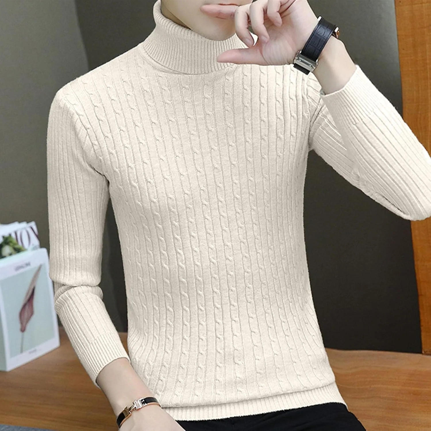 Мужской водолазка с высоким воротником, рифленая, casual, slim fit — фото 3