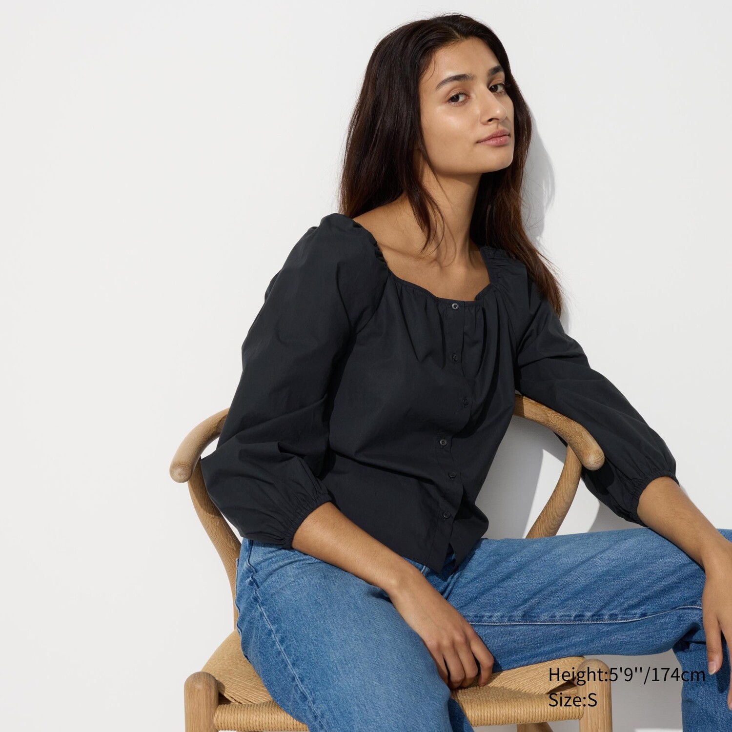 

Хлопковая блузка с квадратным воротником UNIQLO, черный