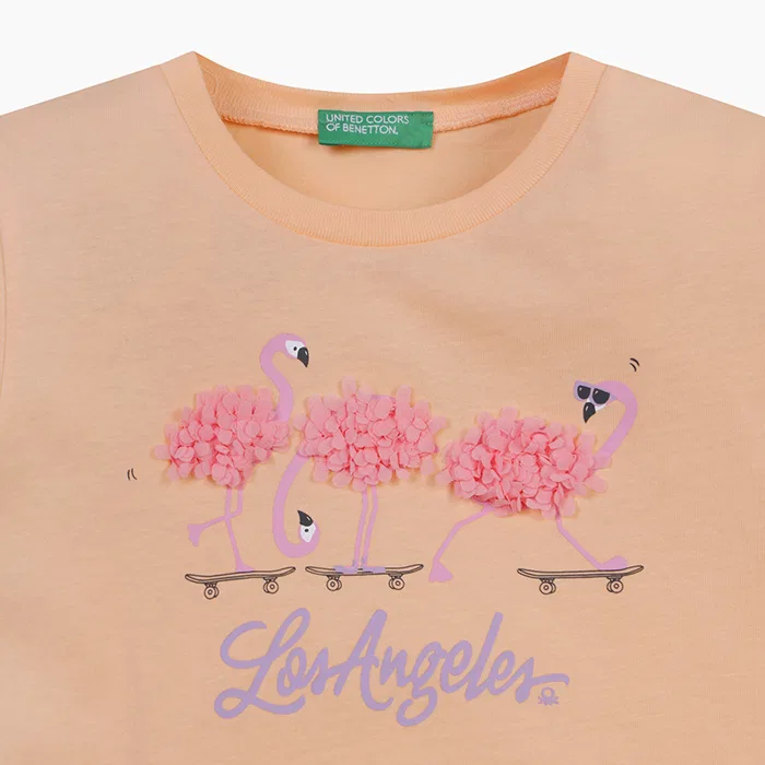 Детская футболка с вышивкой кораллового цвета от Benetton Kids — фото 3