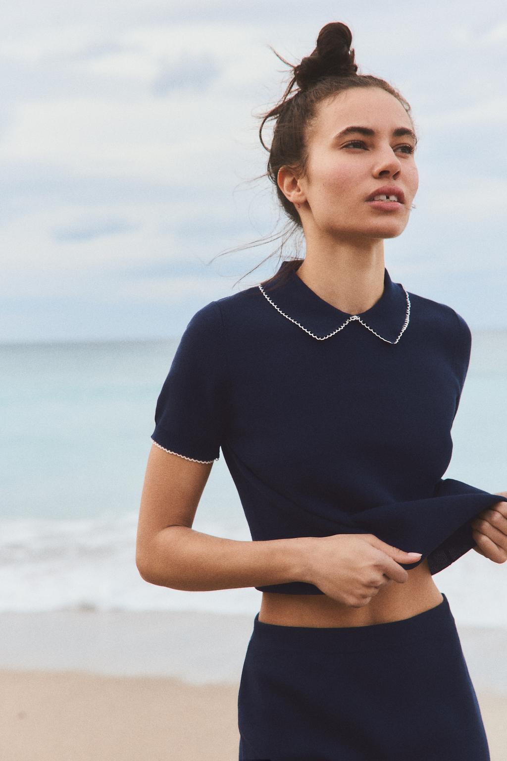 

Вязаный топ с кантом ZARA, темно-синий