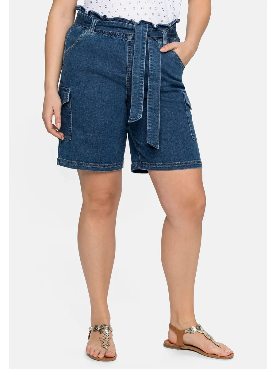 

Джинсы-бермуды Sheego "большие размеры" (комплект), с завышенной талией и поясом, синий