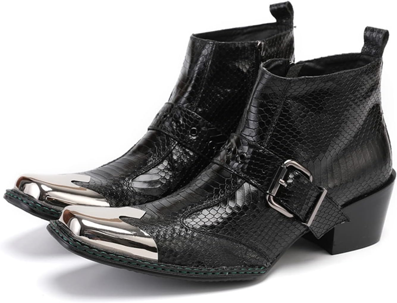 

Мужские ботинки Santimon черные кожаные с модной пряжкой, повседневные, с квадратным носком, металлическим наконечником и молнией на щиколотке