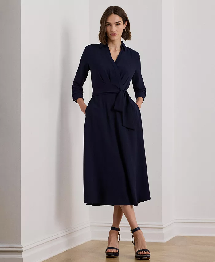 

Женское платье миди из жоржета с запахом, длинными рукавами и поясом Lauren Ralph Lauren, синий