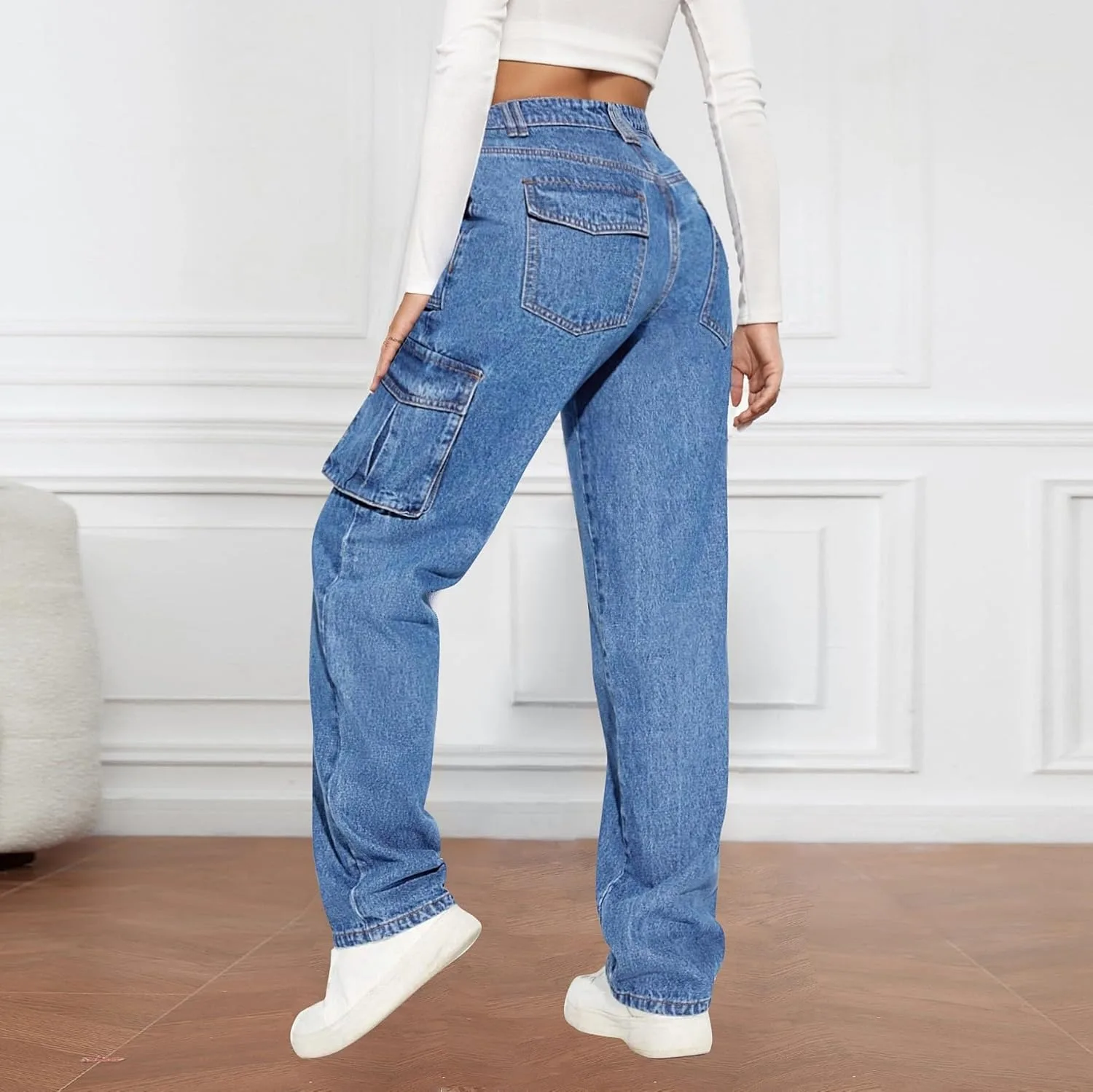 Женские джинсы Relaxed Fit с карманами, высокие и широкие