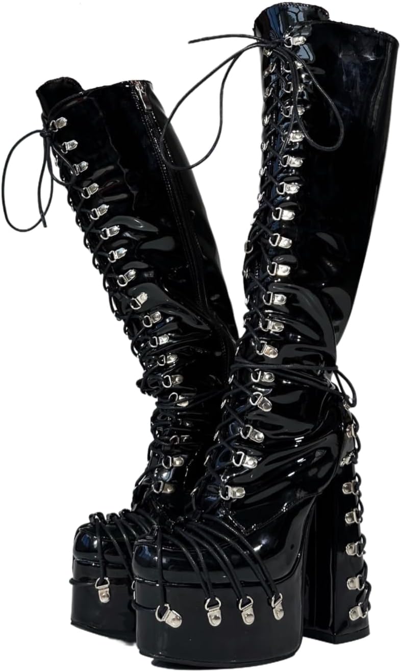 

Ботинки Frankie Hsu готические сексуальные массивные на платформе до колена с шнуровкой, черные лаковые
