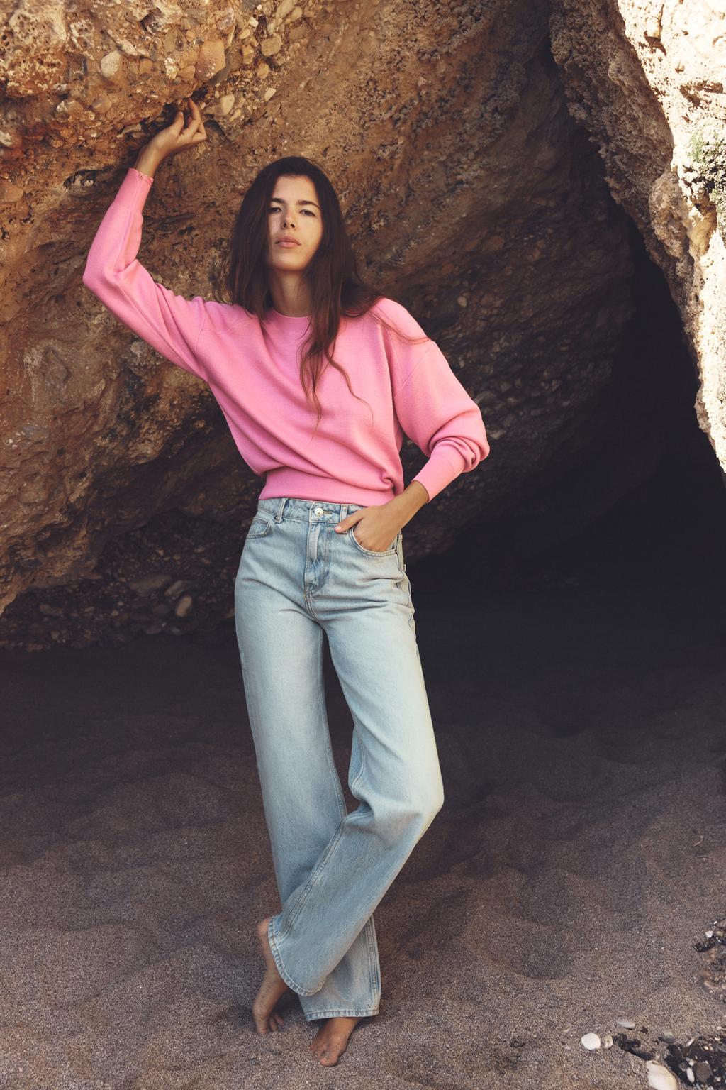 

Джинсы z1975 прямые с высокой талией длинной длины ZARA, светло-синий
