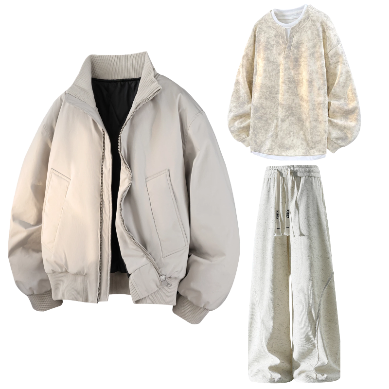 

Повседневная спортивная одежда унисекс с воротником стойкой утепленная X1617, светло-серый top+хаки sweatshirt+бежевый pants