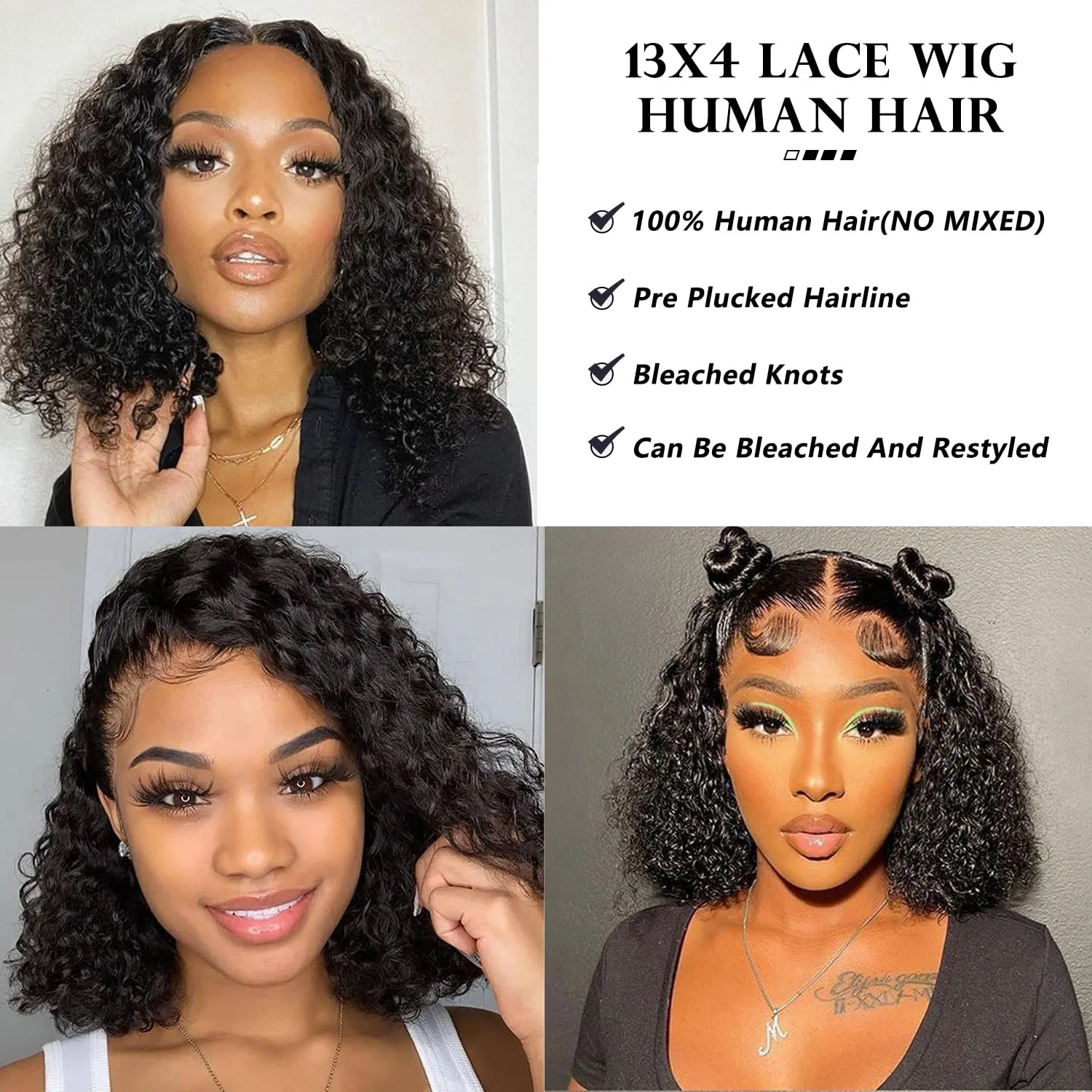 Парик из натуральных волос 13 x 4 Lace Wig Deep Wave Curly, 10 дюймов, 150% плотность Ifly, Natural Black Curly Bob Wig — фото 4