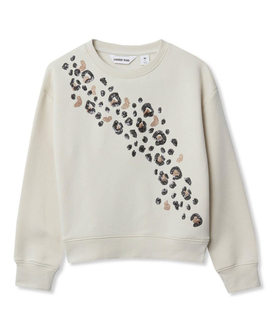 

Детская толстовка с круглым вырезом и вышивкой Lands' End, Putty sequin cheetah