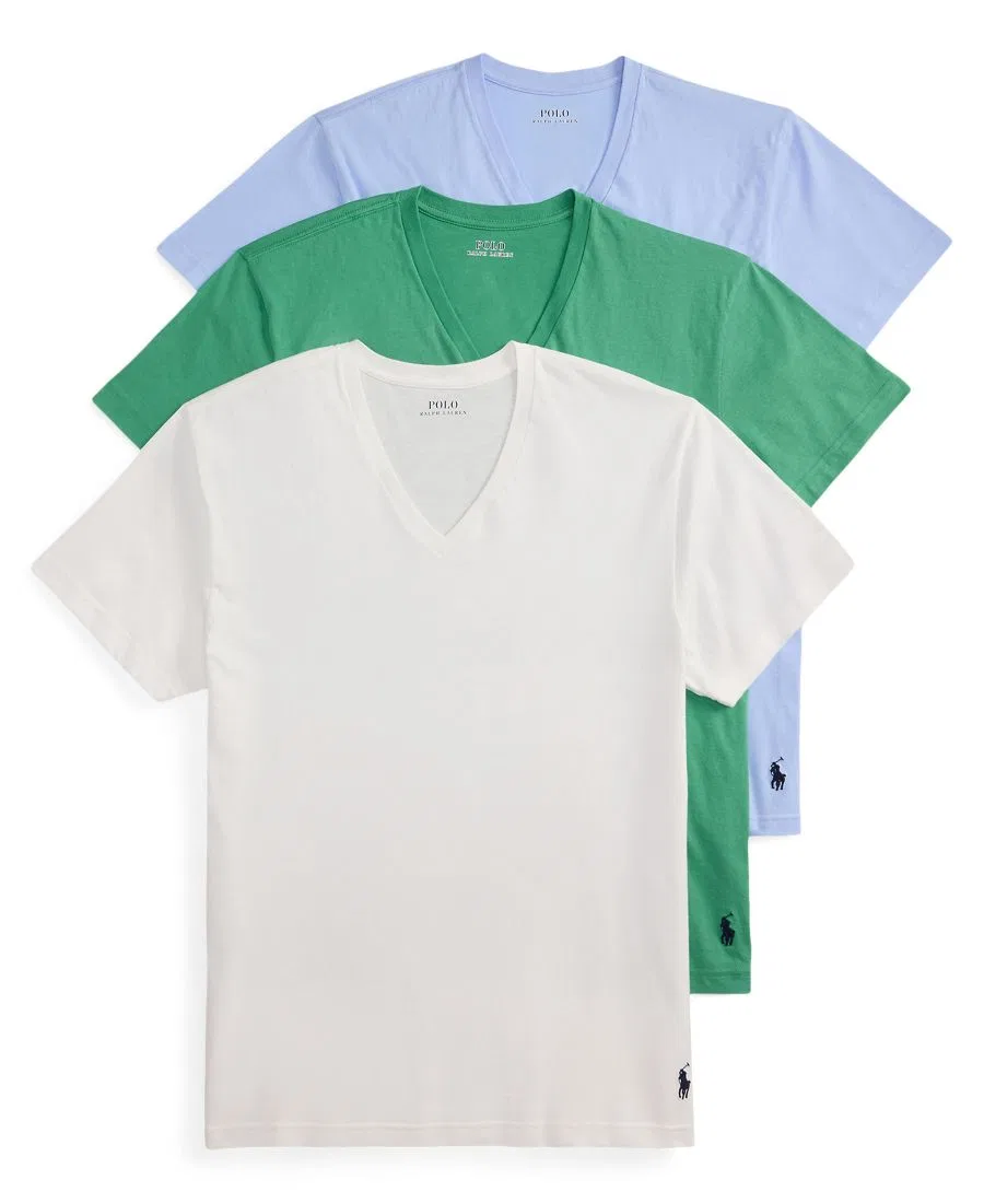 Комплект из 3 классических хлопковых мужских маек с V-образным вырезом Polo Ralph Lauren, белый/зеленый/синий