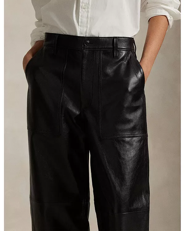 Кожаные широкие укороченные брюки-рика Ralph Lauren, Black — фото 4