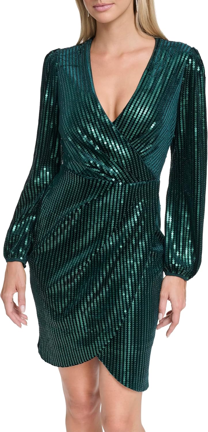 

Женское платье-футляр Calvin Klein с длинными рукавами, V-образным вырезом, бархатным лифом и пайетками длиной до колена, Evergreen