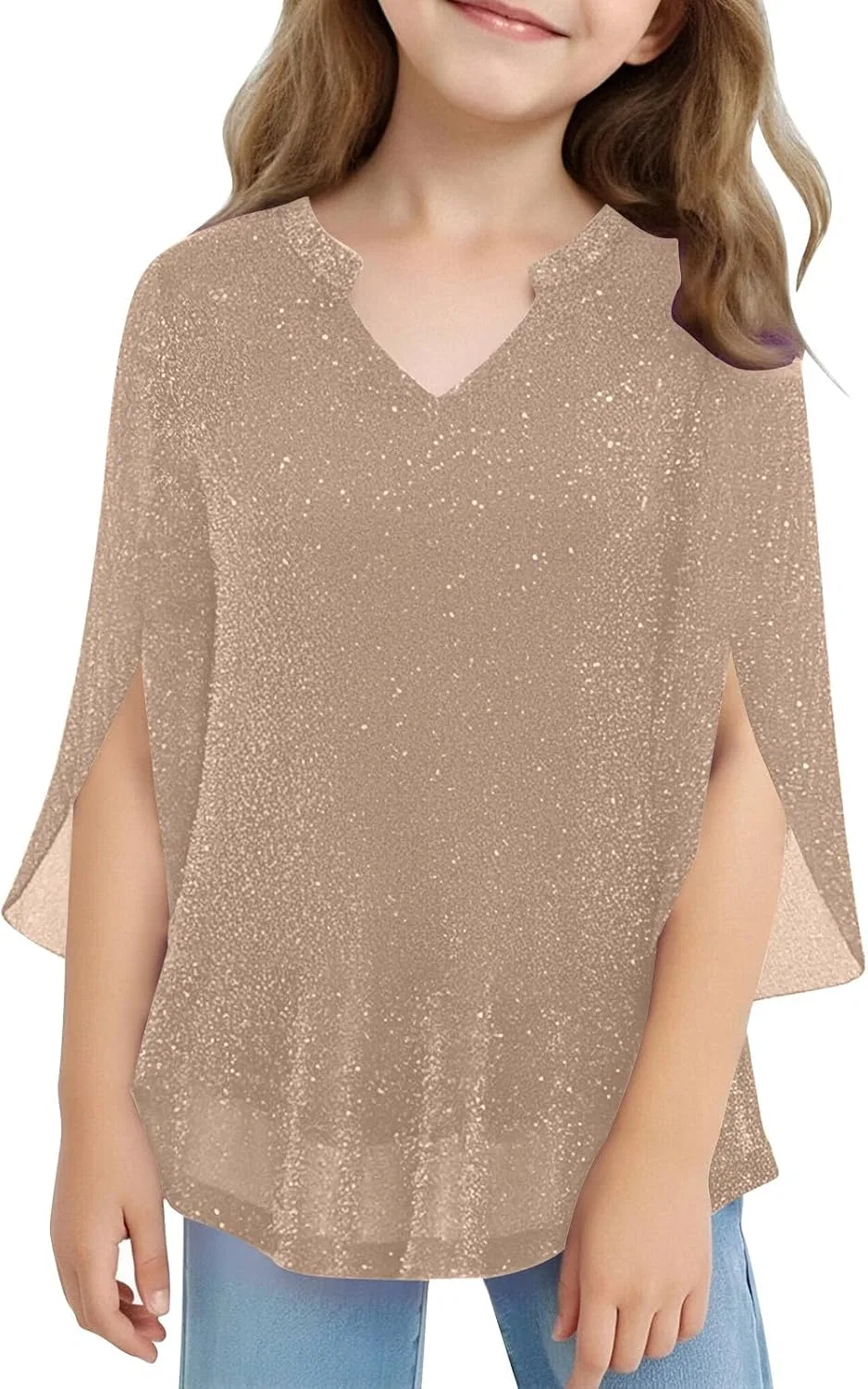 Детская футболка с блестками V-образным вырезом, Zzalalana, 3/4 рукав, Beige
