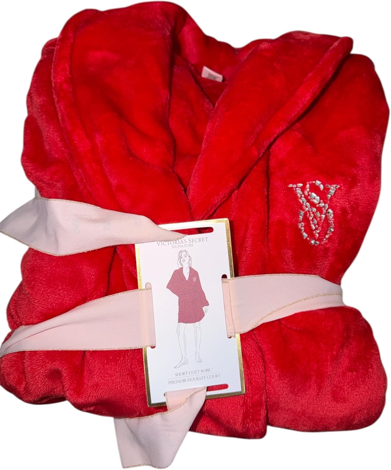 

Victoria's Signature короткий уютный плюшевый халат с красным поясом и стразовым логотипом VS Victoria's Secret, Red Shine