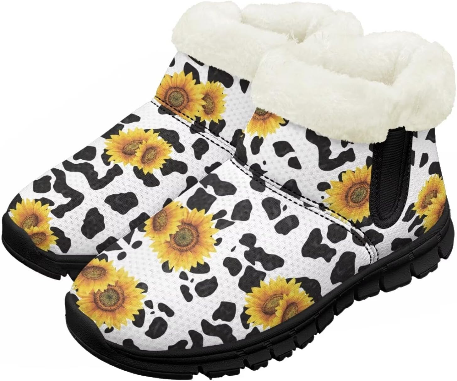 

Зимние сапожки для девочек и мальчиков, ботинки для детей с утеплителем, теплые меховые, противоскользящие Pzuqiu, Cow Print Sunflower