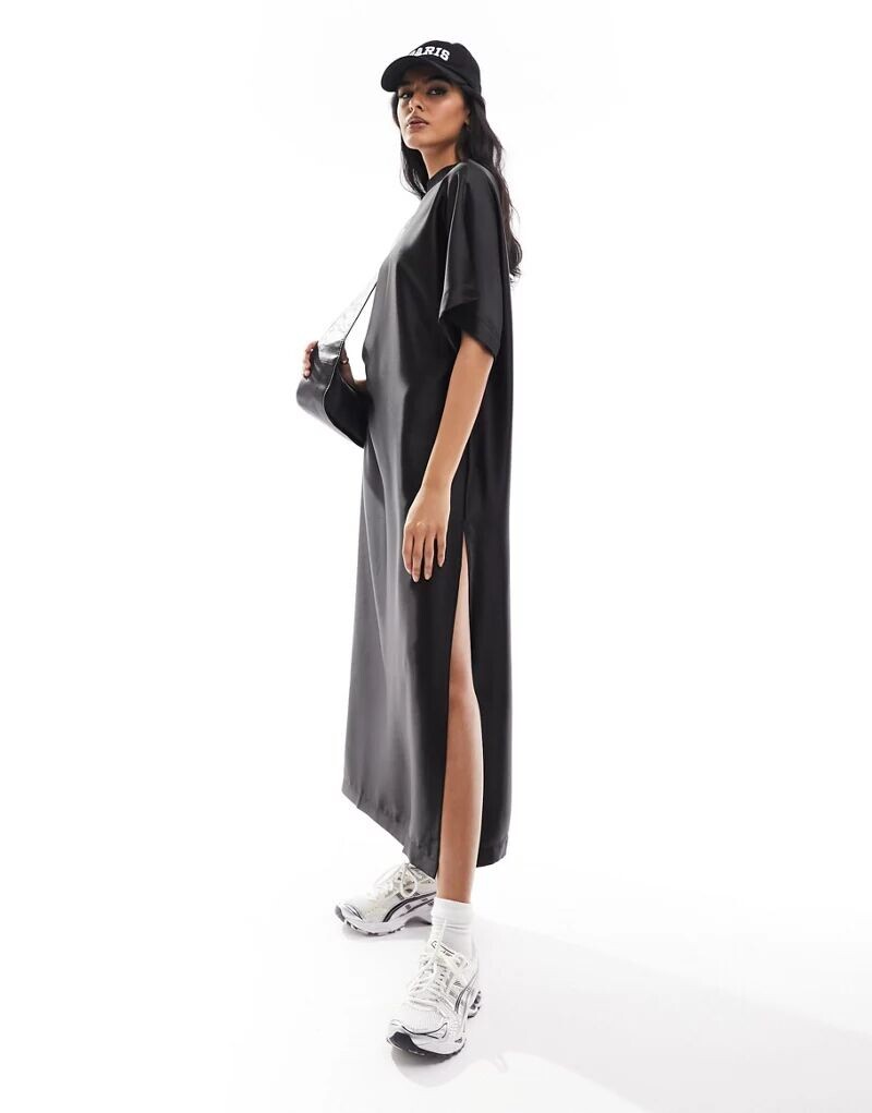 

Черное атласное платье-футболка оверсайз ASOS