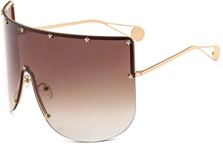 

mincl/ Солнцезащитные очки-маска большого размера, цельные, унисекс, с пятиконечной звездой, цвет шампанского, ветрозащитные (коричневые), Champagne,brown