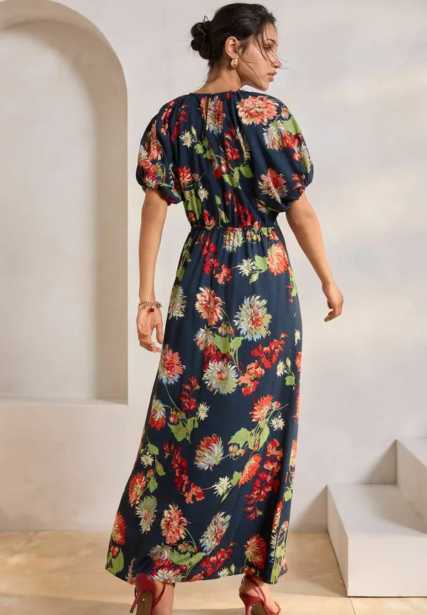 Длинное платье с принтом и пышными рукавами, облегающего силуэта. Next, Navy Blue Floral — фото 3