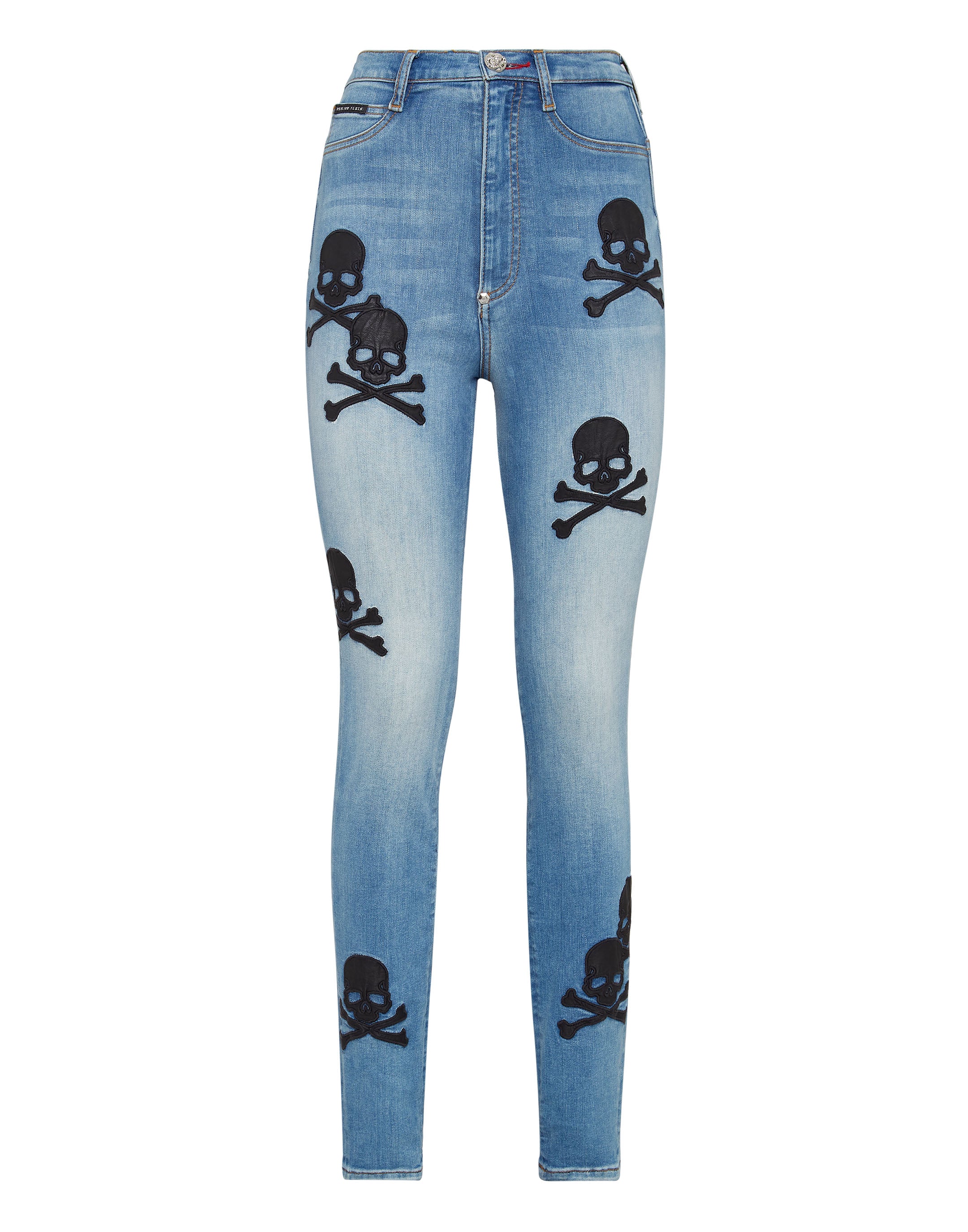 

Джинсовые джеггинсы с высокой талией и черепом PHILIPP PLEIN, цвет storm/indigo