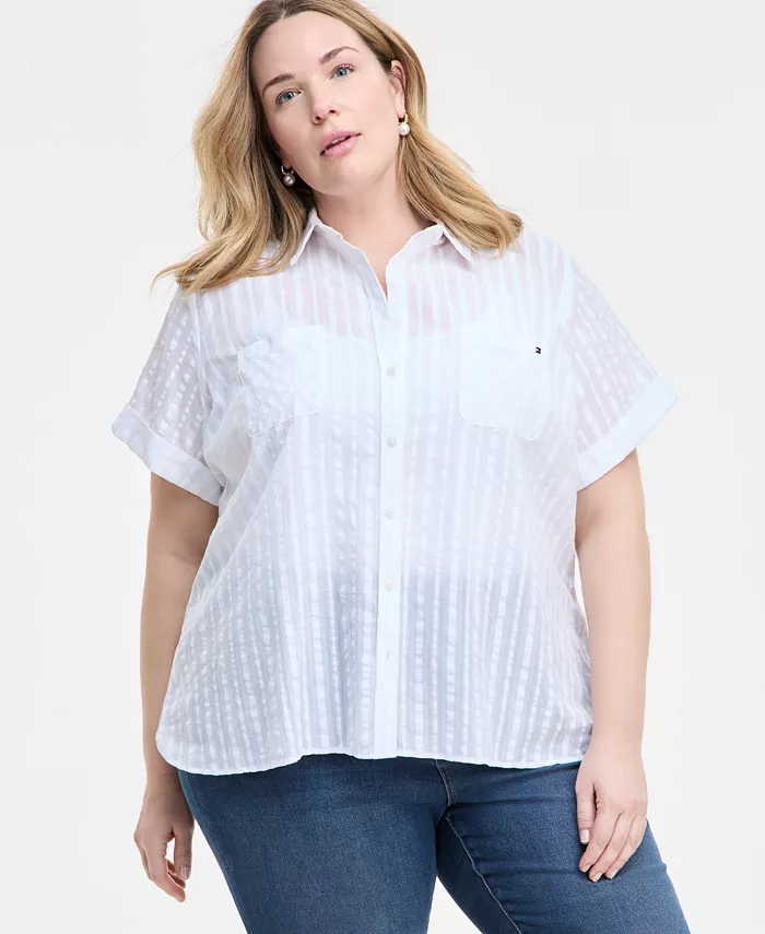 

Женская хлопковая рубашка в полоску Plus Size Shadow-Striped Camp Shirt Tommy Hilfiger, белый