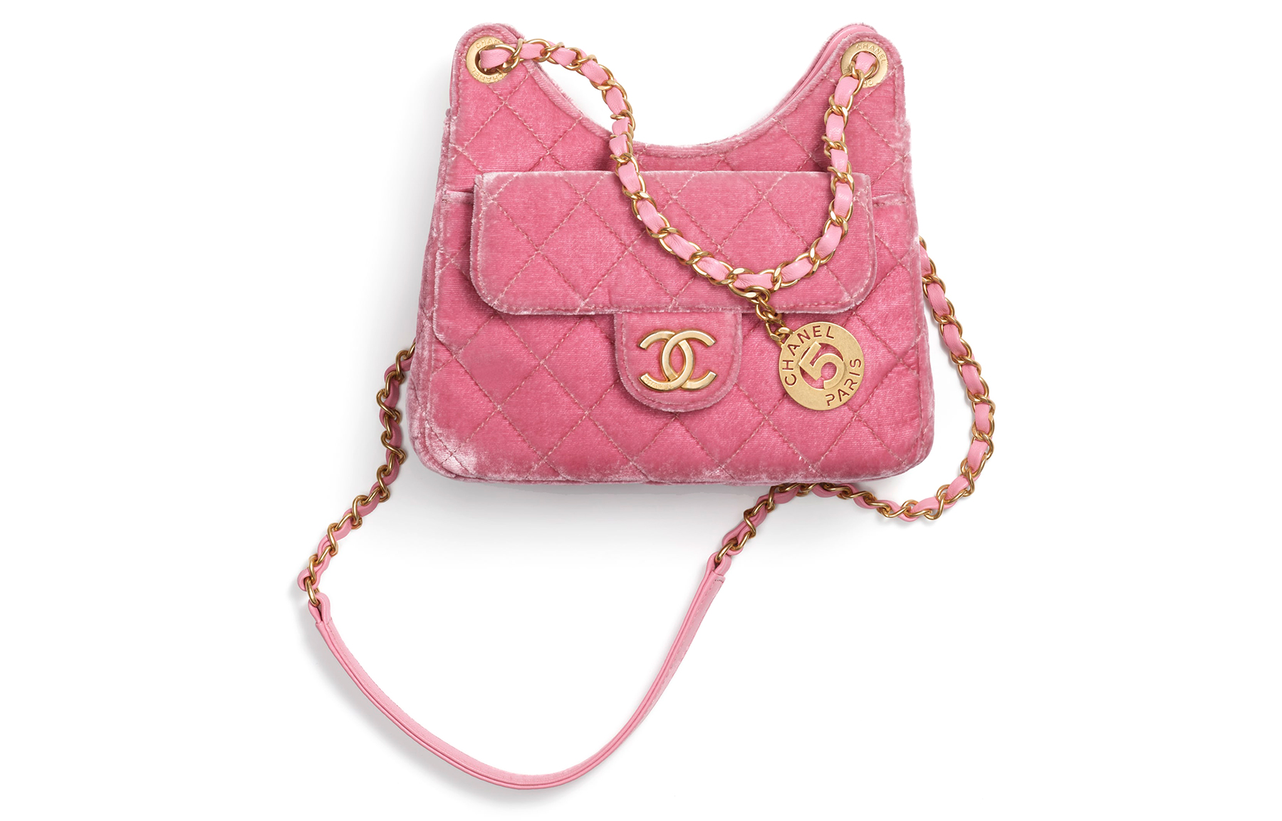 

CHANEL Сумка-хобо из велюра, золотистого металла, сумка на плечо, женская, розовая, Trumpets