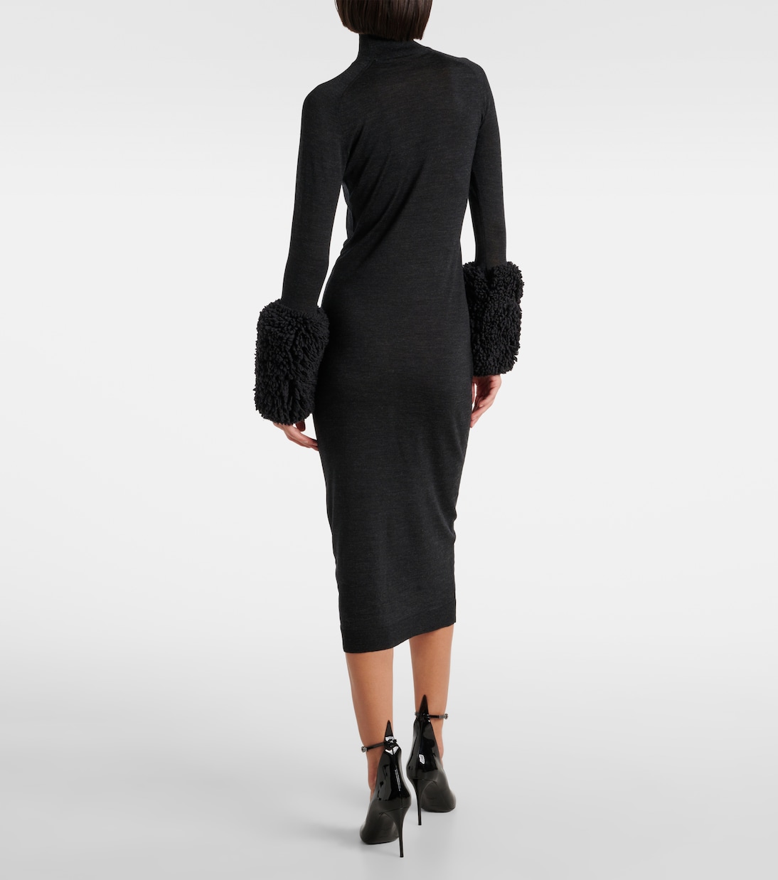 Платье миди из натуральной шерсти с отделкой из искусственной овчины Alaïa, Ebene — фото 3