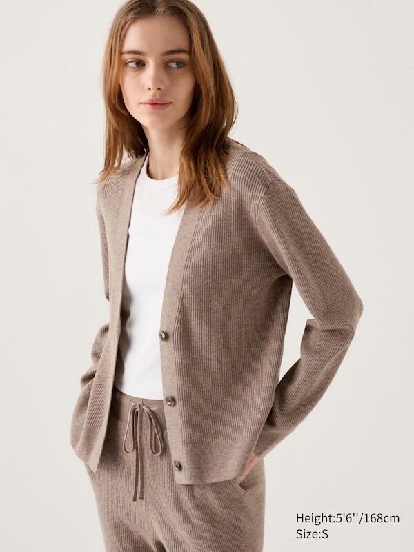

Стирающийся вязаный кардиган в рубчик Uniqlo, хаки