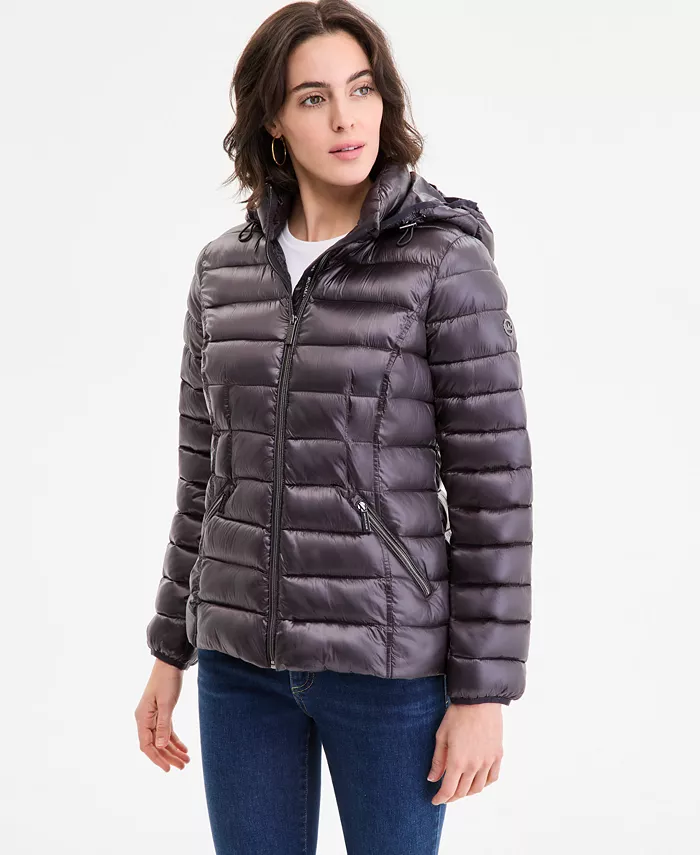 

Женское стеганое пальто Shine Packable с капюшоном Michael Kors, черный